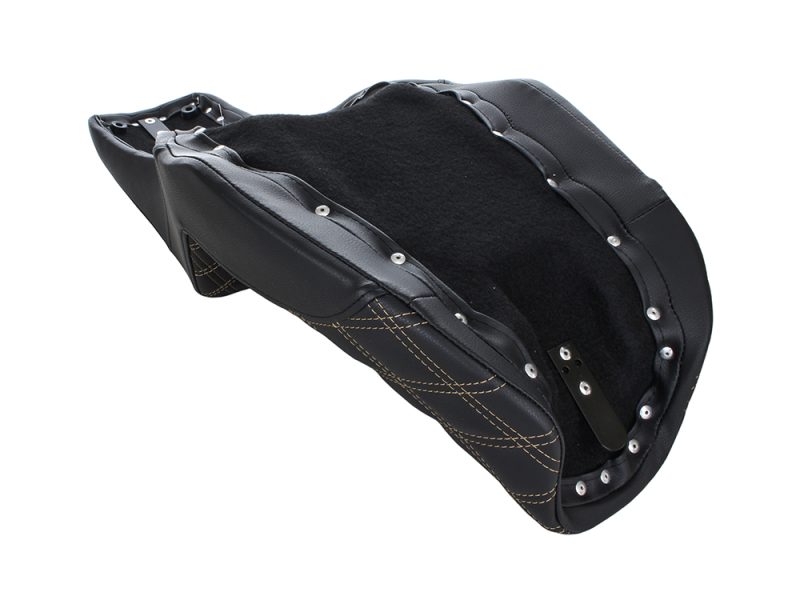 High-quality black motorcycle seat with leather stitching from Revelry Motorcycles.
