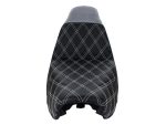Black quilted motorcycle seat with white contrast stitching for Revelry Motorcycles Australia.