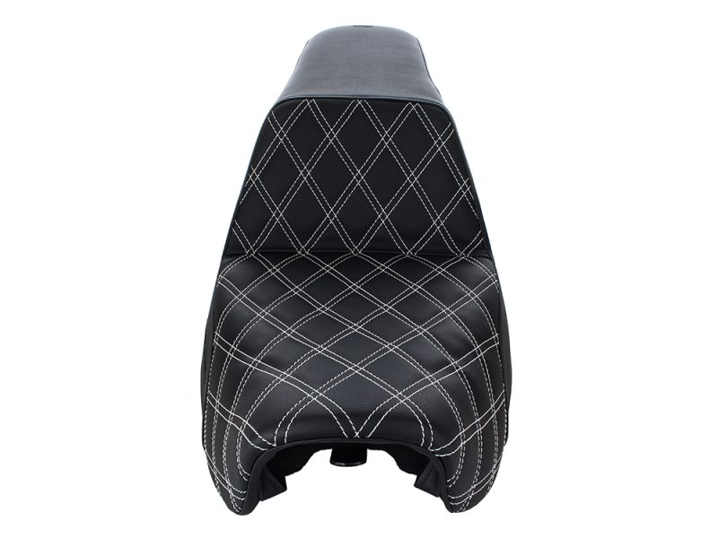 Black quilted motorcycle seat with white contrast stitching for Revelry Motorcycles Australia.