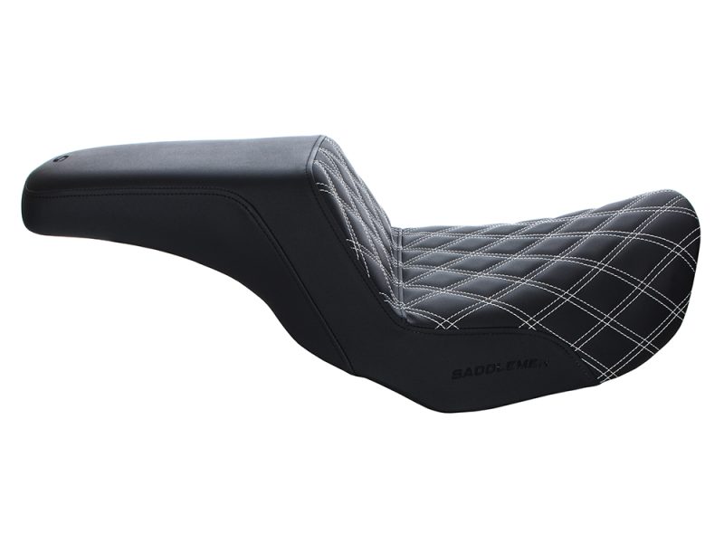 Ergonomic motorcycle solo seat with stylish quilted black and white design for comfortable riding.