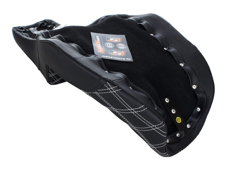 High-quality motorcycle sissy bar pad with durable black leather and white stitching for comfort.