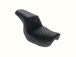 High-performance motorcycle seat with honeycomb stitching for secure riding comfort.