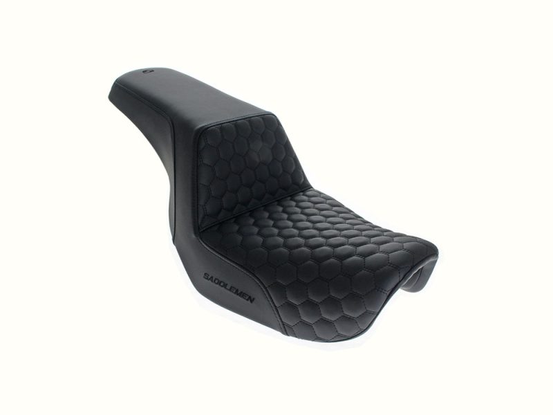 Step-Up HC Dual Seat with Black Honeycomb Stitch. Fits Dyna 2006-2017 High-performance motorcycle seat with honeycomb stitching for secure riding comfort.
