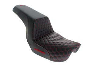 Comfortable black motorcycle seat with red stitching for Revelry Motorcycles, custom saddles for bike enthusiasts.