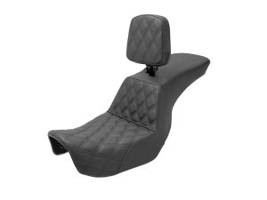 Luxurious black quilted motorcycle seat with backrest for Revelry Motorcycles Australia.