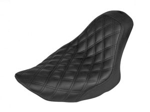 Black quilted motorcycle seat for Revelry Motorcycles, stylish and comfortable bike accessory.