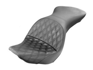 Leather motorcycle seat with diamond stitching for Revelry bikes.