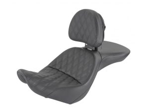 High-quality black quilted motorcycle seat with backrest for Revelry Motorcycles.