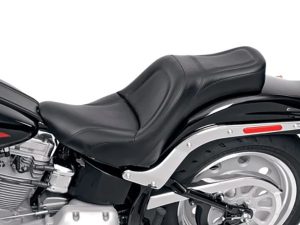 Saddle and rear section of a black cruiser motorcycle on Revelry Cycles website.