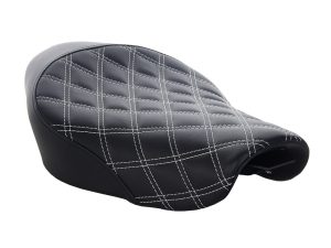 Stylish black quilted motorcycle seat with white stitching, designed for comfort and durability.