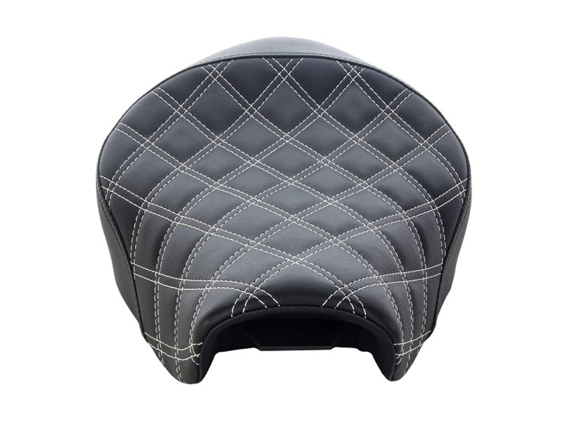 Comfortable black leather motorcycle seat with detailed stitching, perfect for Revelry motorcycles.