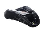 Comfortable motorcycle pillion seat with black leather and white stitching for custom bikes.