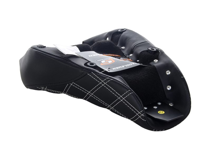 Comfortable motorcycle pillion seat with black leather and white stitching for custom bikes.