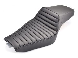 Black motorcycle seat with ribbed stitching, custom bike accessory, revelry cycles AU.