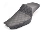 High-quality black leather motorcycle seat with diamond stitching for Revelry Motorcycles.