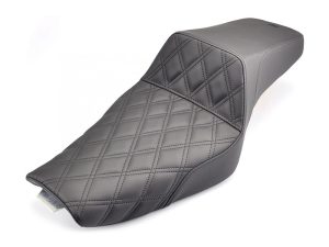 High-quality black leather motorcycle seat with diamond stitching for Revelry Motorcycles.