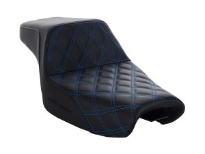 Black motorcycle seat with blue stitching, custom saddle for Revelry motorcycles.