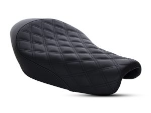 Saddle seat for motorcycle, black quilted leather, custom bike accessory for Revelry Motorcycles.