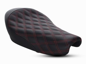 Rider motorcycle seat with quilted black and red stitching, ideal for cruiser bikes.