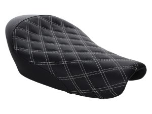 Black quilted motorcycle seat for Revelry Cycles custom bikes in Australia.