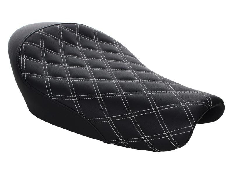 Black quilted motorcycle seat for Revelry Cycles custom bikes in Australia.