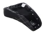 Black motorcycle seat with quilted stitching, designed for Revelry Motorcycles enthusiasts.