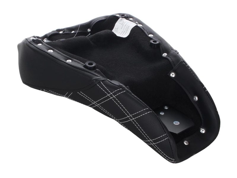 Black motorcycle seat with quilted stitching, designed for Revelry Motorcycles enthusiasts.