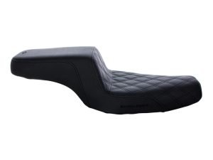 Comfortable black motorcycle seat with quilted design for Revelry motorcycle riders.