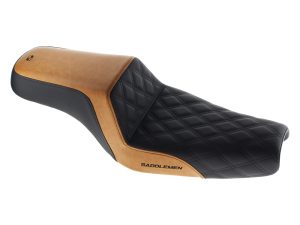 Premium black and tan motorcycle seat with quilted design for Revelry and Saddlemen bikes.