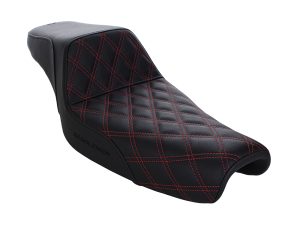 High-quality black motorcycle seat with red diamond stitching, ideal for custom bikes and touring.