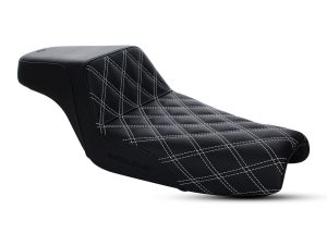 High-quality motorcycle seat with black quilted leather and white stitching, ideal for Revelry Motorcycles.