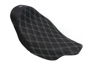 Stylish black motorcycle seat with diamond-stitched design for Revelry Motorcycles.
