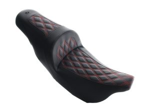 Premium black motorcycle seat with red diamond stitching for Revelry Motorcycles.