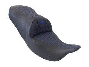 Fashionable motorcycle seat with quilted blue stitching, perfect for Revelry motorcycles enthusiasts.