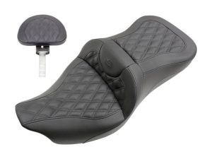 High-quality black motorcycle seat with diamond stitching for Revelry Motorcycles.