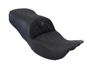 Black leather motorcycle seat with diamond stitching for Revelry Motorcycles, stylish and durable.