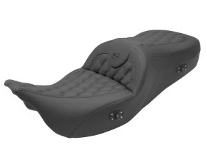 Comfortable motorcycle seat with diamond stitching for enhanced support.