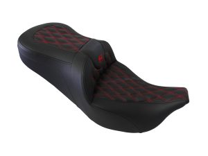 Comfortable black motorcycle seat with red diamond stitching for Revelry Motorcycles enthusiasts.