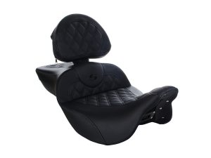 Comfortable black motorcycle passenger seat with headrest for Harley Davidson bikes.