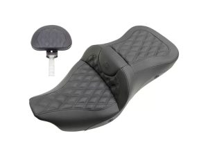 Comfortable black leather motorcycle seat with diamond stitching and removable backrest for Revelry Motorcycles.