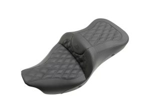 Comfortable black quilted motorcycle seat with premium leather for Revelry Motorcycles.