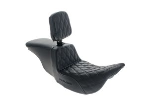 Comfortable black motorcycle passenger seat with quilted leather design, ideal for custom bikes.