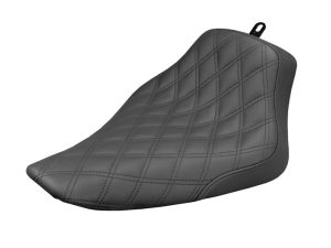 Comfortable black motorcycle seat with quilted stitching for Harley Davidson touring bikes.