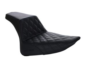 Comfortable black leather motorcycle seat with diamond stitching for Harley Davidson bikes.