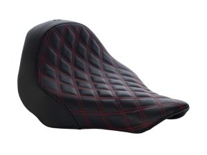 Comfortable black motorcycle seat with red diamond stitching for Harley Davidson bikes.