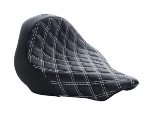 Stylish black motorcycle seat with white diamond stitching for comfort and style | Revelry Motorcycles.