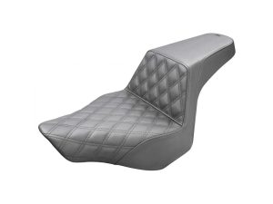 Luxurious grey motorcycle seat with diamond stitching for Revelry Motorcycles, Australian custom bike accessories.