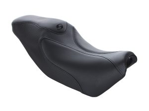 Wide motorcycle seat for comfort, durable black leather, perfect for Revelry motorcycles.