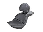 Comfortable black motorcycle seat with backrest for Harley Davidson touring bikes.