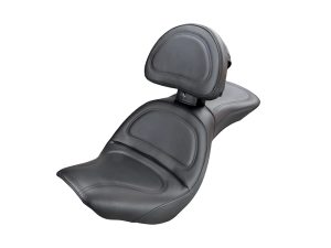Comfortable black motorcycle seat with backrest for Harley Davidson touring bikes.